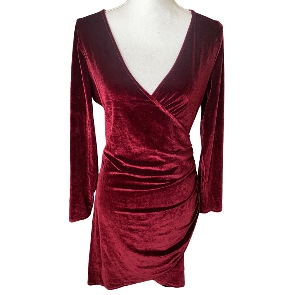Womens long sleeve wrap v neck Ruched Bodycon Velvet Dress Wine Red size large